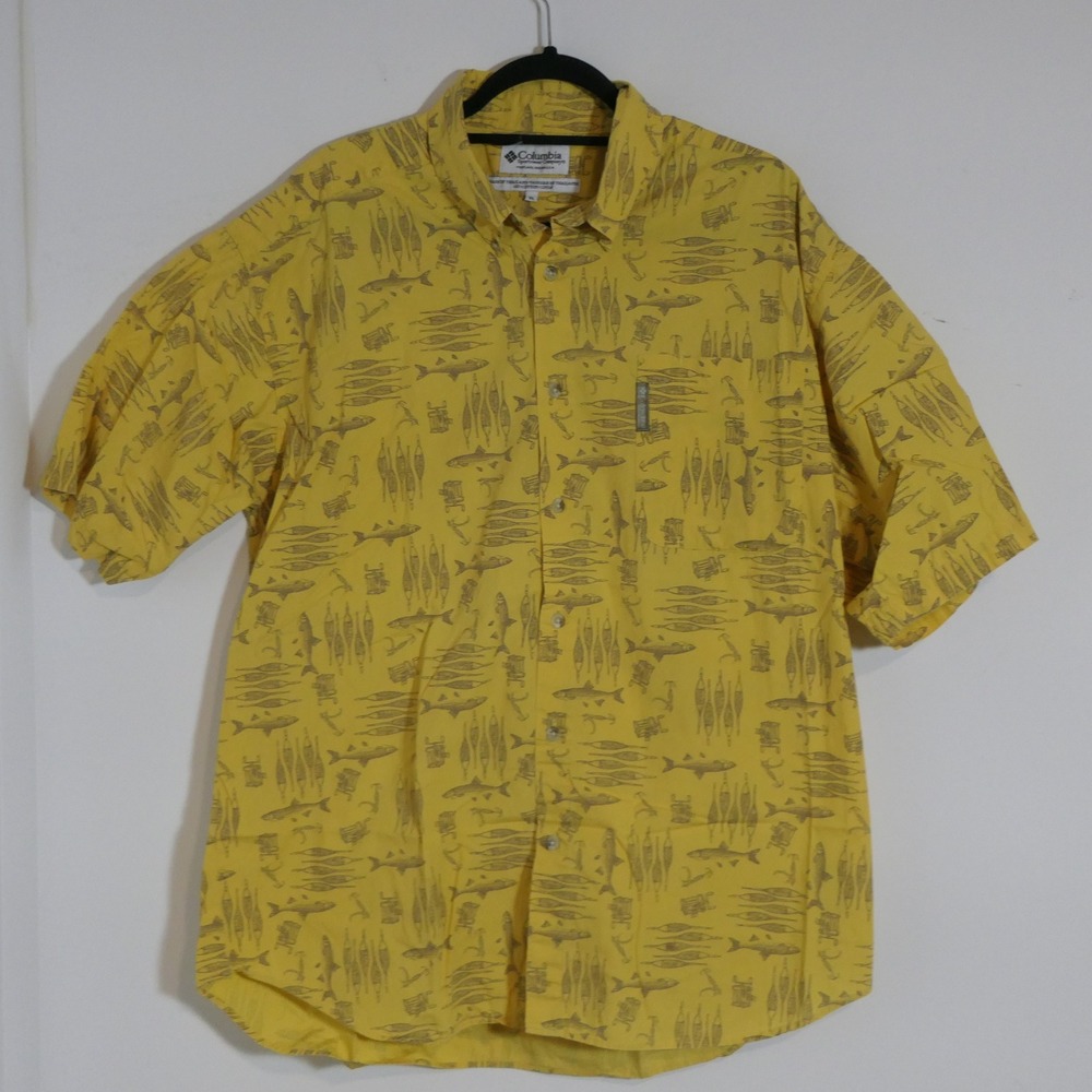 Columbia Men Shirt XL Yellow Fish Lure Gorpcore Outdoors Angler Nautical Coastal
